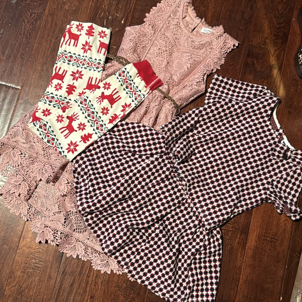Janie and Jack Plaid Set, knit works lace dress, and Hannah Anderson pj pants 8t